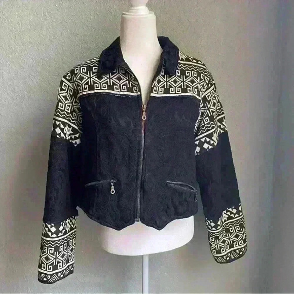 Vintage Pier One Passports Western Aztec Southwest Black Cropped Jacket Large - Picture 1 of 16